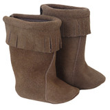 Fits: 18" dolls like American Girl and Our Generation

Includes: boots

These 18 inch doll boots are the perfect addition to any boho-inspired outfit. Made from soft brown suede, they feature playful fringe detail that adds a touch of whimsy to your doll's look. The boots are designed with a velcro closure in the back, making them easy to put on and take off. The snug fit ensures that they stay securely in place, even when your doll is out on the town. These doll boots are the perfect finishing touch for any casual or dressy outfit, and they're sure to become a favorite in your doll's wardrobe.