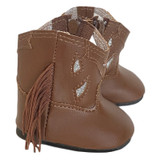 Fits: 18" dolls like American Girl doll

Includes: boots

These brown vinyl cowboy boots feature silver sparkle cut-outs.  The sides have fringe detailing, which sways gently as your doll moves. The sides close with zippers.