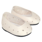 Fits: 14" dolls like Wellie Wishers

Includes: shoes

Matte cream slip-on shoes with cut-out stars and black foam soles.