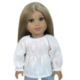 Fits: 18" dolls like American Girl doll

Includes: top

White top with shirred waist and long sleeves. Elastic cuffs and neck. Velcro closure in back.

Fabric: cotton and linen