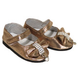 Fits 18" dolls like American Girl doll

These 18" doll shoes are a captivating shimmering copper color that will catch everyone's attention. Each shoe is adorned with a beautiful bow complete with jewel accents that add a touch of elegance to these shoes. The straps are equipped with Velcro closures, providing easy access and a secure fit for your doll's feet. The black foam soles offer a comfortable, lightweight feel that your doll won't even notice. These shoes are perfect for dressing up any 18" doll ensemble.

Not suitable for small children.