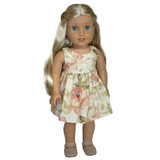 Fits 18" dolls like American Girl and Our Generation

Includes: dress

Sleeveless dress with lined bodice. Velcro closure in back.

Fabric: 100% cotton

Print: cream with chic and shabby roses

American made doll clothes.