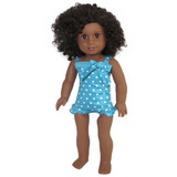 Fits 18" dolls like American Girl

Includes: swimsuit

Turquoise swimsuit with white dots, ruffle trim, bow accent, and Velcro closure in back. 