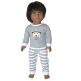 Fits 18" dolls like American Girl doll

Includes: top and pants

Gray knit top with Golden Lab on the front.  White trim.  Velcro closure in back.  Comes with grey and white striped pants with elastic waist.