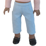 Fits 18" dolls

Includes: pants

Capri jeans with two functional pockets in front and elastic in back.

Color: light-wash blue

Fabric: 100% cotton 

American made girl and boy doll clothes.