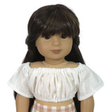 Fits: 18" dolls

Includes: top

Creamy white crop top with elastic waist and neck. Velcro closure in back.

Fabric: cotton and linen