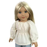 Fits 18" dolls like American Girl and Our Generation
Includes: top
Woven top with shirred bodice. Elasticized neck and cuffs. Long sleeves. Velcro closure in back.
Fabric: 100% cotton.
Color: cream with allover woven "x" print.