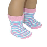 Fits: 18" dolls like American Girl Doll

Pink, lavender, and blue striped socks.