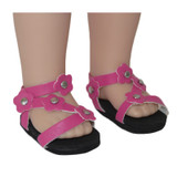 Fits 14 inch dolls like Wellie Wishers

Includes: sandals

Dark pink sandals with flowers and elastic straps in the back.