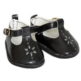 Fits: 18" dolls like American Girl doll

Matte black t-straps shoes with velcro closures and decorative gold buckles.