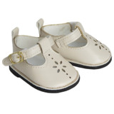 Fits: 18" dolls like American Girl doll

Matte cream t-straps shoes with velcro closures and decorative gold buckles.