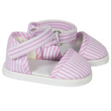 Fits 18" dolls like American Girl and Our Generation

Pink and white striped canvas shoes with Velcro closures on straps.