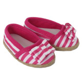 Fits 18" dolls like American Girl

Dark pink and white striped slip-on shoes with bows.