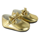 Fits 18" dolls like American Girl

Gold Mary Janes with bows.  Velcro closures on straps.