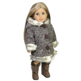 Fits 18" dolls like American Girl or Boy.

Brown coat with faux fur trim, decorative buttons, and Velcro front closure.