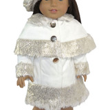 Fits 18" dolls like American Girl doll

Cream coat with gold trim, decorative buttons, and velcro closure in front.  Comes with matching hat.