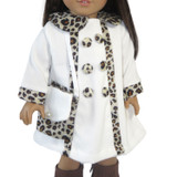 Fits 18" dolls like American Girl doll

Cream corduroy coat with animal-print trim.  Decorative buttons.  Velcro closure in front.  Comes with matching purse.