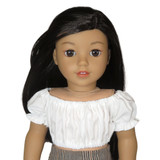Fits: 18" dolls
Includes: top
Crop peasant top with elastic waist, neckline, and cuffs. Velcro closure in back.
Fabric: cotton
Color: white