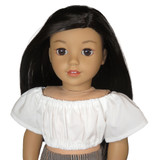 Fits: 18" dolls
Includes: top
Crop peasant top with elastic waist and neckline. Velcro closure in back.
Fabric: cotton
Color: white