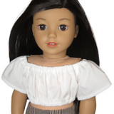 Fits: 18" dolls
Includes: top
Crop peasant top with elastic waist and neckline. Velcro closure in back.
Fabric: cotton
Color: white