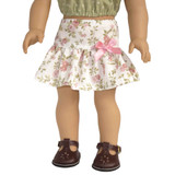 Fits 18" dolls
Includes: skirt
Mini skirt with ruffle. Elastic waist. Satin bow accent.
Fabric: 100% cotton
Color: white, pink, green