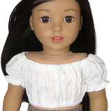 Fits: 18" dolls
Includes: top
Crop peasant top with elastic waist, neckline, and cuffs. Velcro closure in back.
Fabric: cotton
Color: white