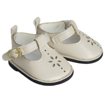 Fits American Girl, Our Generation, and other 18" dolls.

These 18" doll shoes are the perfect combination of pretty and practical. The matte cream t-strap design is classic and feminine, while the flower cutouts add a touch of whimsy and fun. The shoes feature pull-up tabs on the back for easy on and off, and Velcro closures on the straps offer a secure fit. The black foam soles provide cushioning and support, making these shoes both stylish and comfortable for your doll's feet. Whether dressing up for a special occasion or just hanging out around the house, these shoes are sure to be a favorite accessory for your doll's wardrobe.