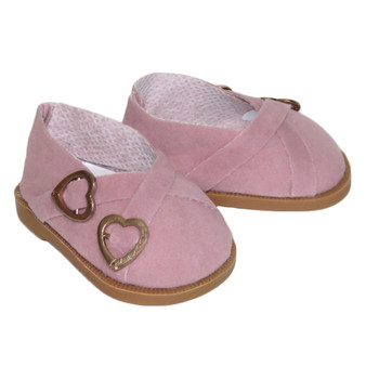 Fits: 18" dolls like American Girl doll

Includes: shoes

Pink suede slip-on shoes with decorative gold buckles.