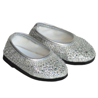 Fits 18" dolls like American Girl doll

Silver flats with all-over jewels.  Slip-on style.  Foam soles.  
