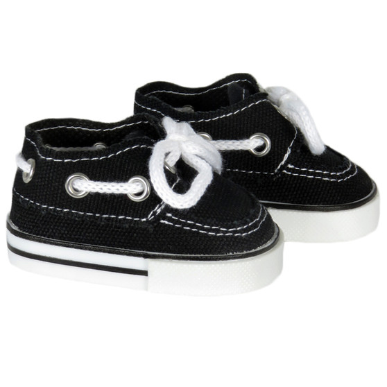 Fits 18" dolls like American Girl or Our Generation

Includes: shoes

These boat shoes for 18" dolls are a must-have accessory for any sailing or seaside adventure. Made of durable black canvas, they boast a classic slip-on style with white laces that add a touch of nautical flair. The hard white soles provide stability and durability, making them perfect for any outdoor activity. These shoes are versatile and can be worn with a variety of outfits. They are perfect for any doll who loves the ocean and enjoys spending time on the water. Get ready to set sail with these fashionable boat shoes.