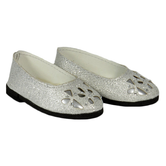Silver Sparkle Floral Cutout Flats for 18 inch dolls