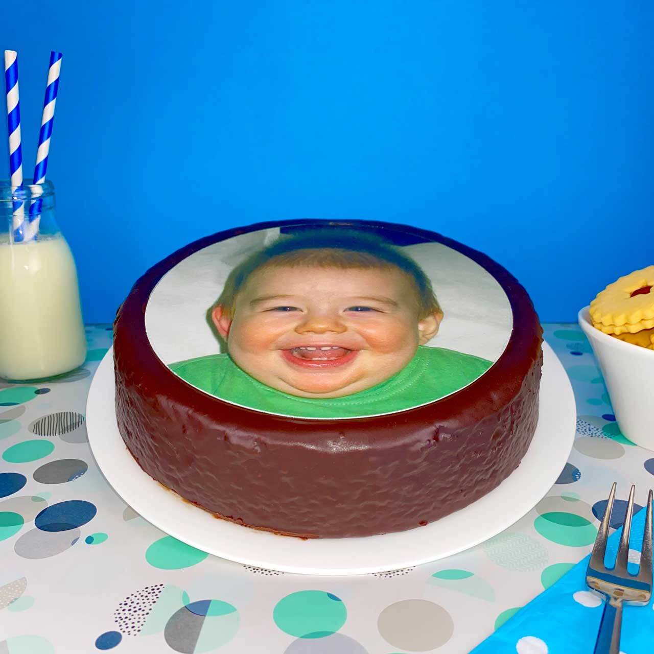 Chocolate mud cake with personalised edible image icing
