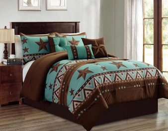 Western Pattern Turquoise Rustic Brown Star Comforter Set - 7 Piece Set
