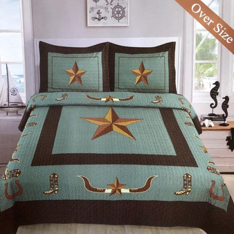 Western Rustic Turquoise Longhorn Star & Boots Bedspread Quilt - 3 Piece Set