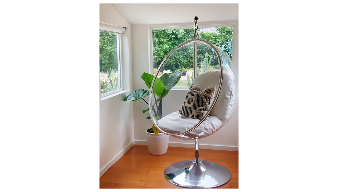 Hanging Bubble Chair With Stand, White Cushions