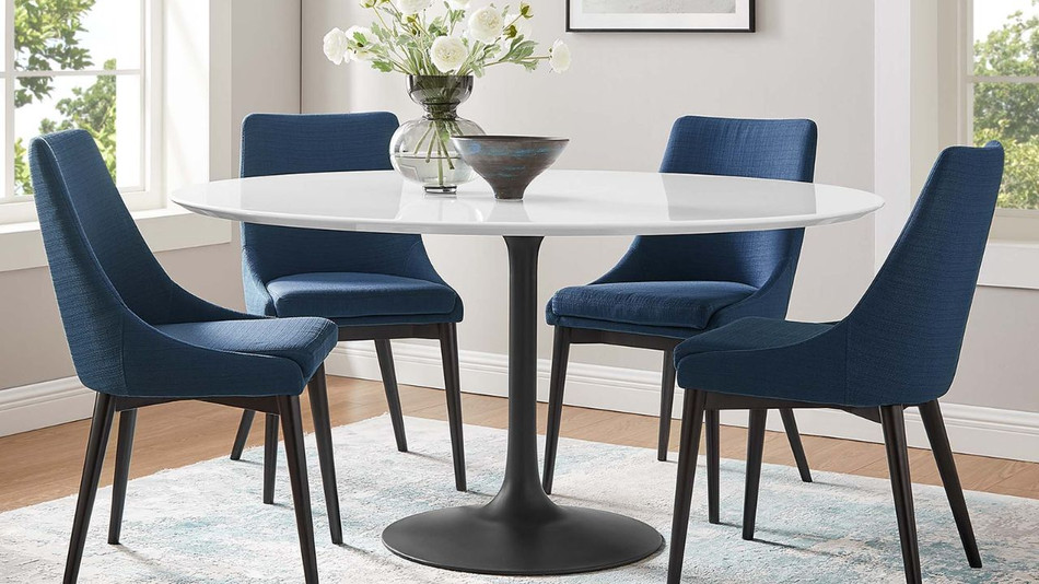Tulip Wood Top Dining Table, 60" Round Black Base