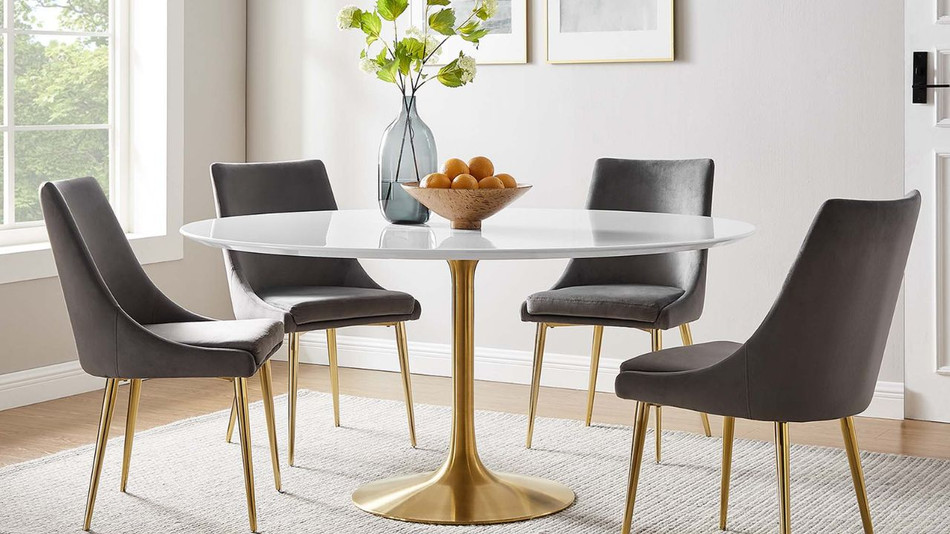 Tulip Wood Top Dining Table, 60" Round Gold Base