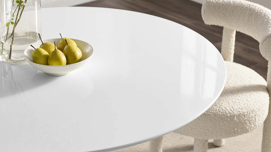 Tulip Wood Top Dining Table, 48" Round Black Base