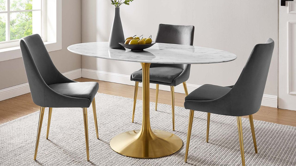 Tulip Marble Dining Table - 60" Oval, Gold Base