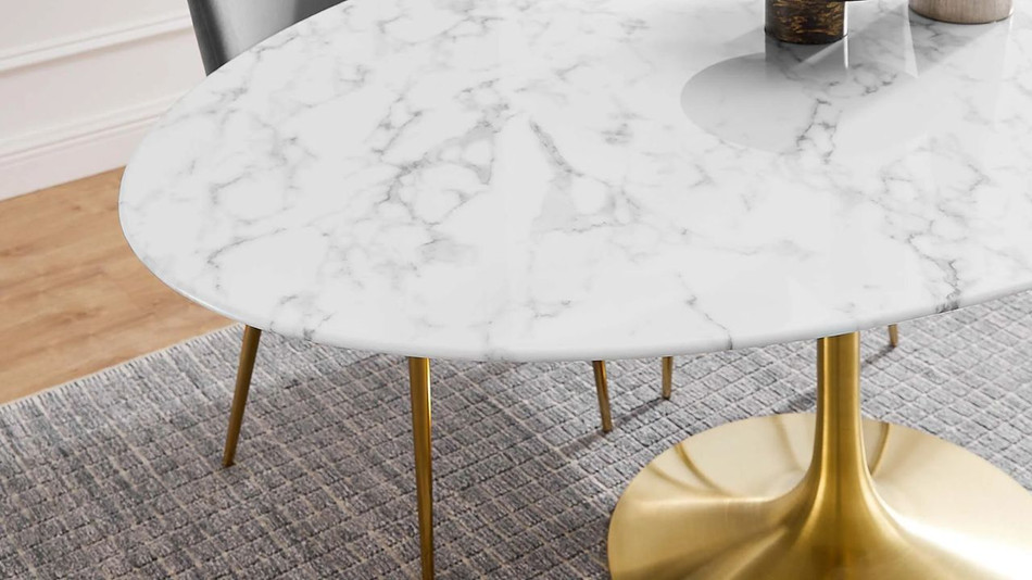 Tulip Marble Dining Table - 78" Oval, Gold Base