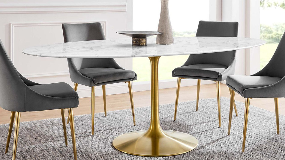 Tulip Marble Dining Table - 78" Oval, Gold Base
