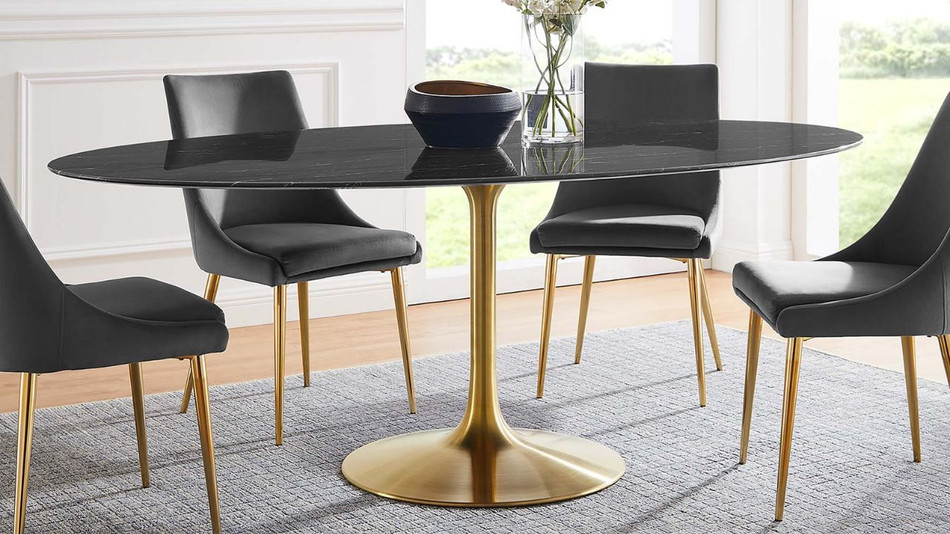 Tulip Marble Dining Table - 78" Oval, Black Gold