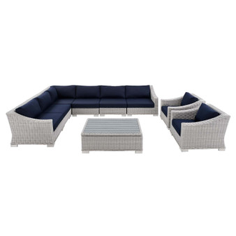 Conway Sunbrella® Outdoor Patio Wicker Rattan 9-Piece Sectional Sofa Set EEI-4360-LGR-NAV