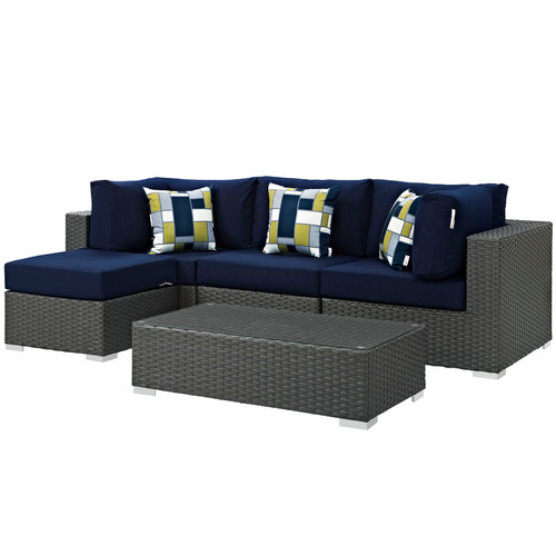 Sojourn 5 Piece Outdoor Patio Sunbrella Sectional Set Canvas Navy EEI-2385-CHC-NAV-SET