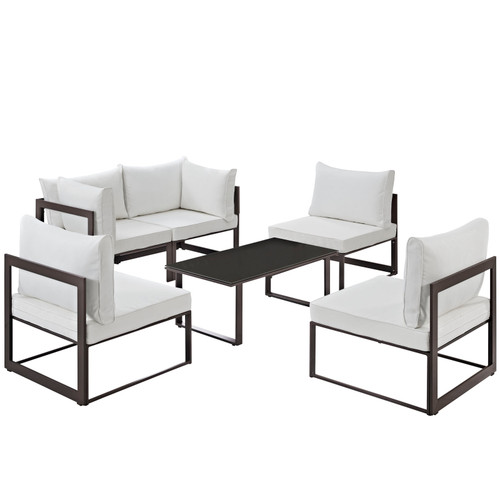 Fortuna 6 Piece Outdoor Patio Sectional Sofa Set Brown White EEI-1726-BRN-WHI-SET