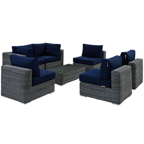 Summon 7 Piece Outdoor Patio Sunbrella Sectional Set Canvas Navy EEI-1897-GRY-NAV-SET