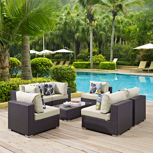 Convene 7 Piece Outdoor Patio Sectional Set Espresso Beige EEI-2357-EXP-BEI-SET