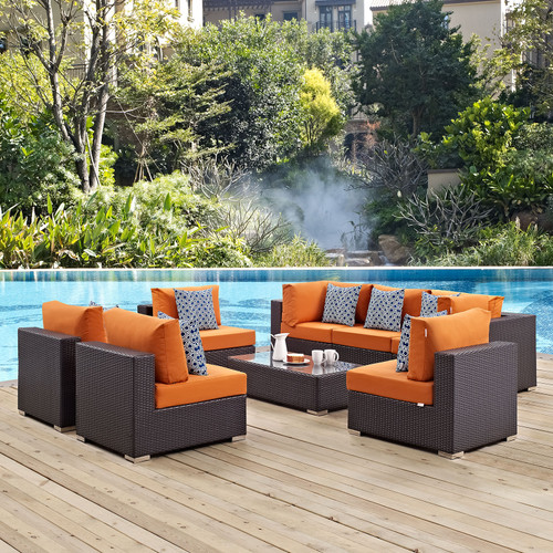 Convene 8 Piece Outdoor Patio Sectional Set Espresso Orange EEI-2370-EXP-ORA-SET