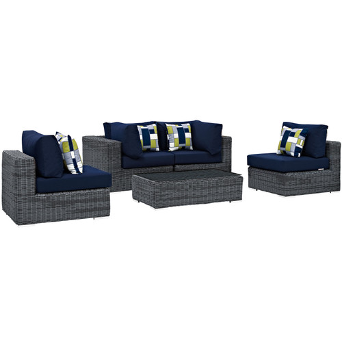 Summon 5 Piece Outdoor Patio Sunbrella Sectional Set Canvas Navy EEI-2391-GRY-NAV-SET