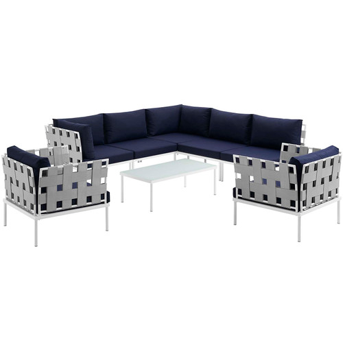 Harmony 8 Piece Outdoor Patio Aluminum Sectional Sofa Set White Navy EEI-2619-WHI-NAV-SET